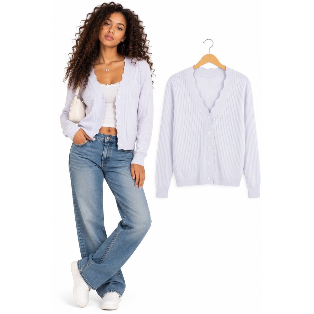 YesFashion Women's Ribbed Knit Scalloped V-Neck Cardigan Size Large White
